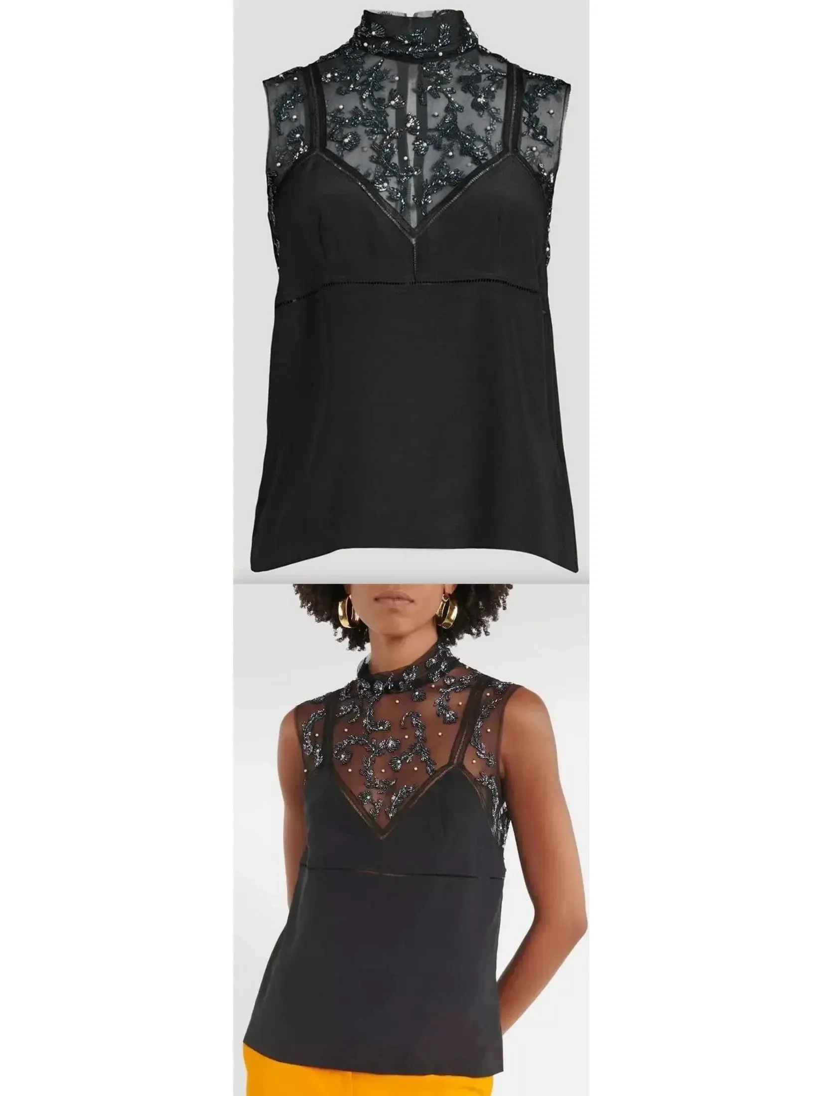 Bead-Embellished Crepe De Chine Silk Top in Black