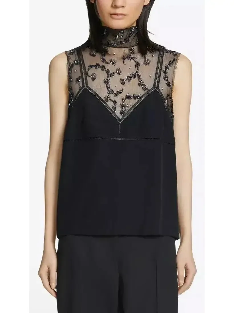 Bead-Embellished Crepe De Chine Silk Top in Black