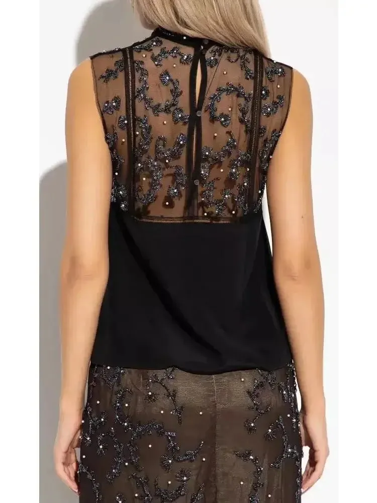 Bead-Embellished Crepe De Chine Silk Top in Black