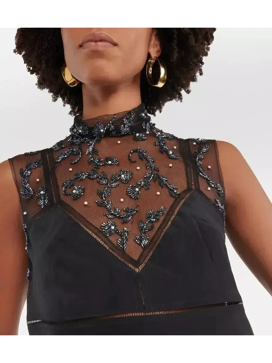 Bead-Embellished Crepe De Chine Silk Top in Black