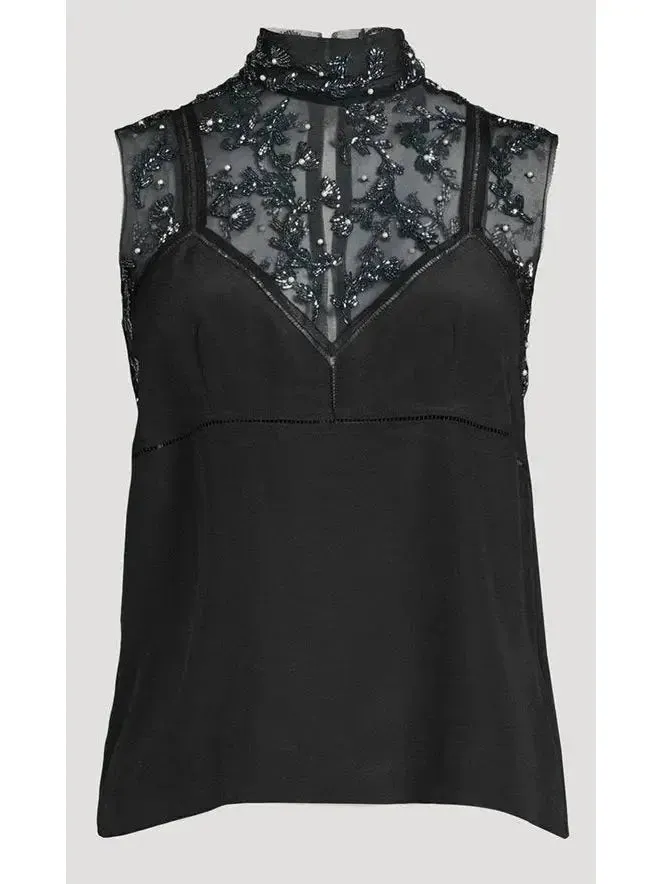 Bead-Embellished Crepe De Chine Silk Top in Black
