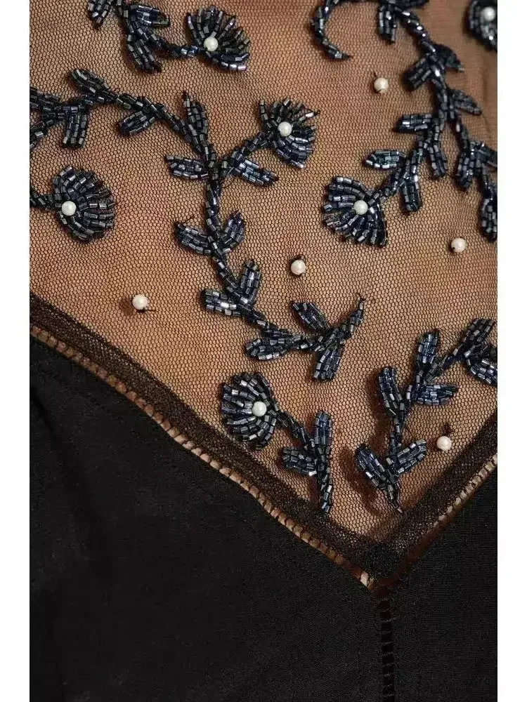 Bead-Embellished Crepe De Chine Silk Top in Black