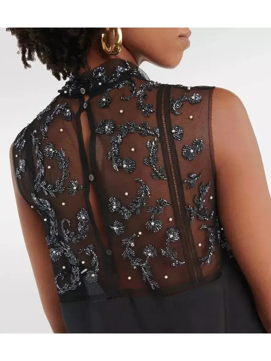Bead-Embellished Crepe De Chine Silk Top in Black