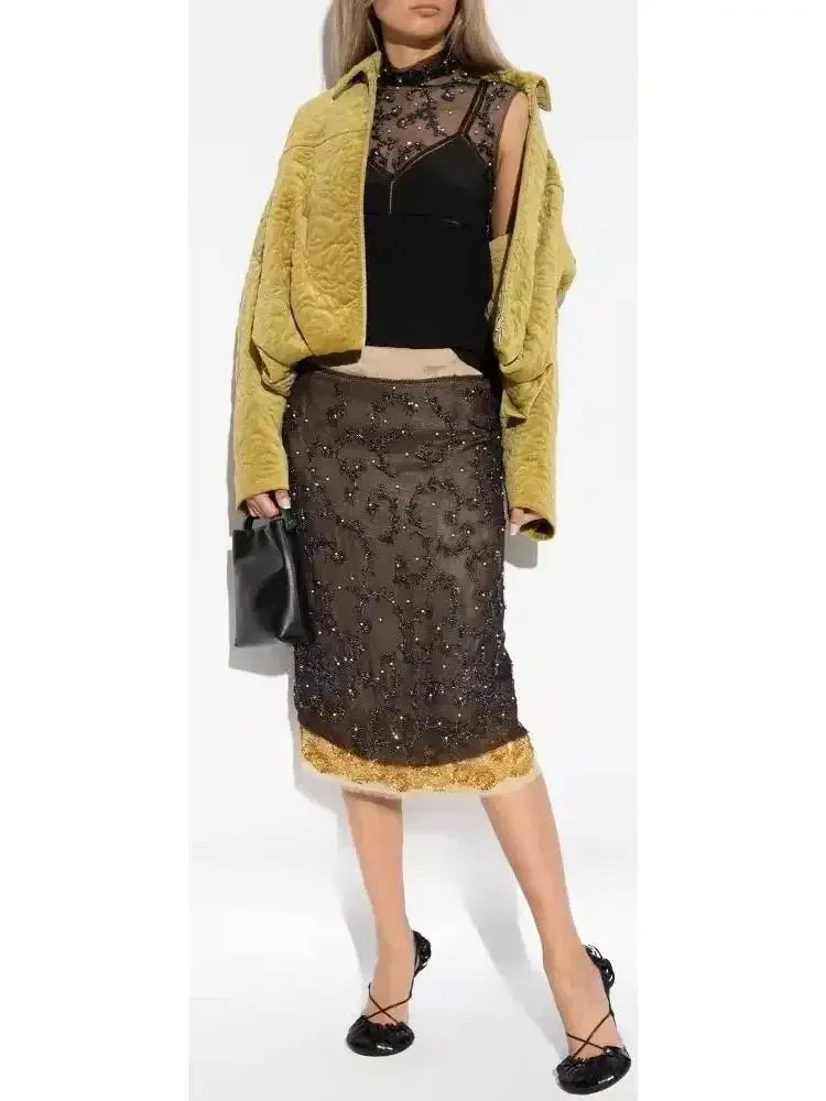 Bead-Embellished Crepe De Chine Silk Top in Black