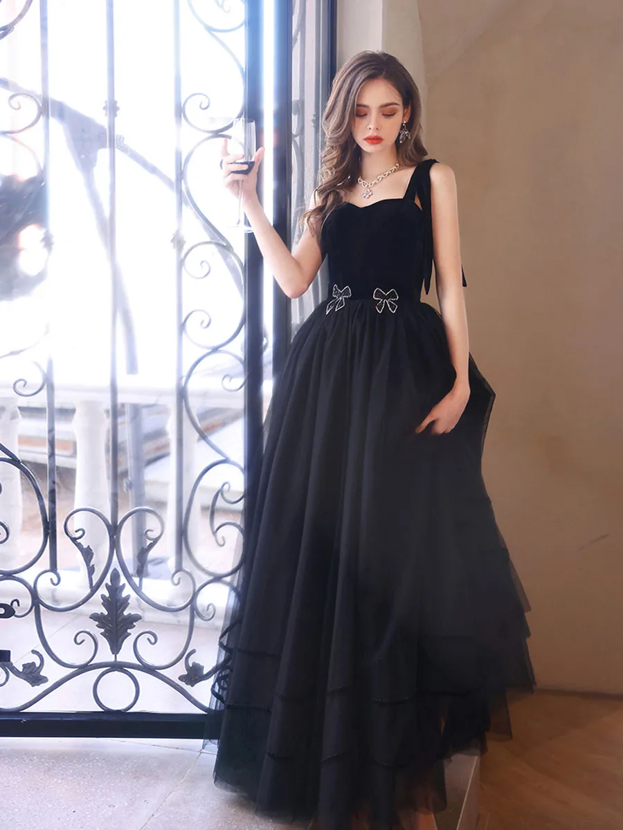 Black Sweetheart Tulle Long Prom Dress, Black Tulle Formal Graduation Dresses