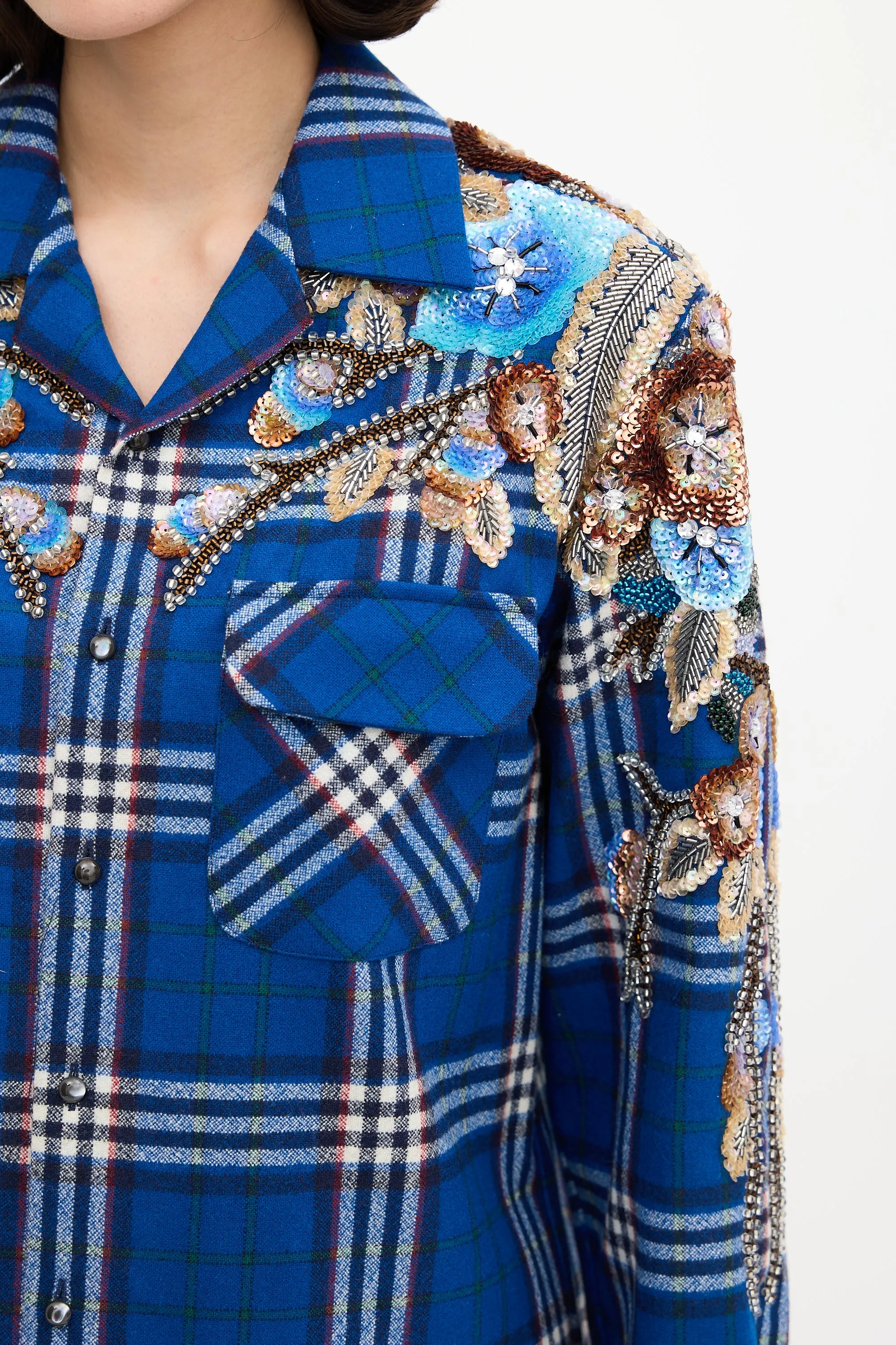 Blue & Multi Wool Check Embellished Shirt