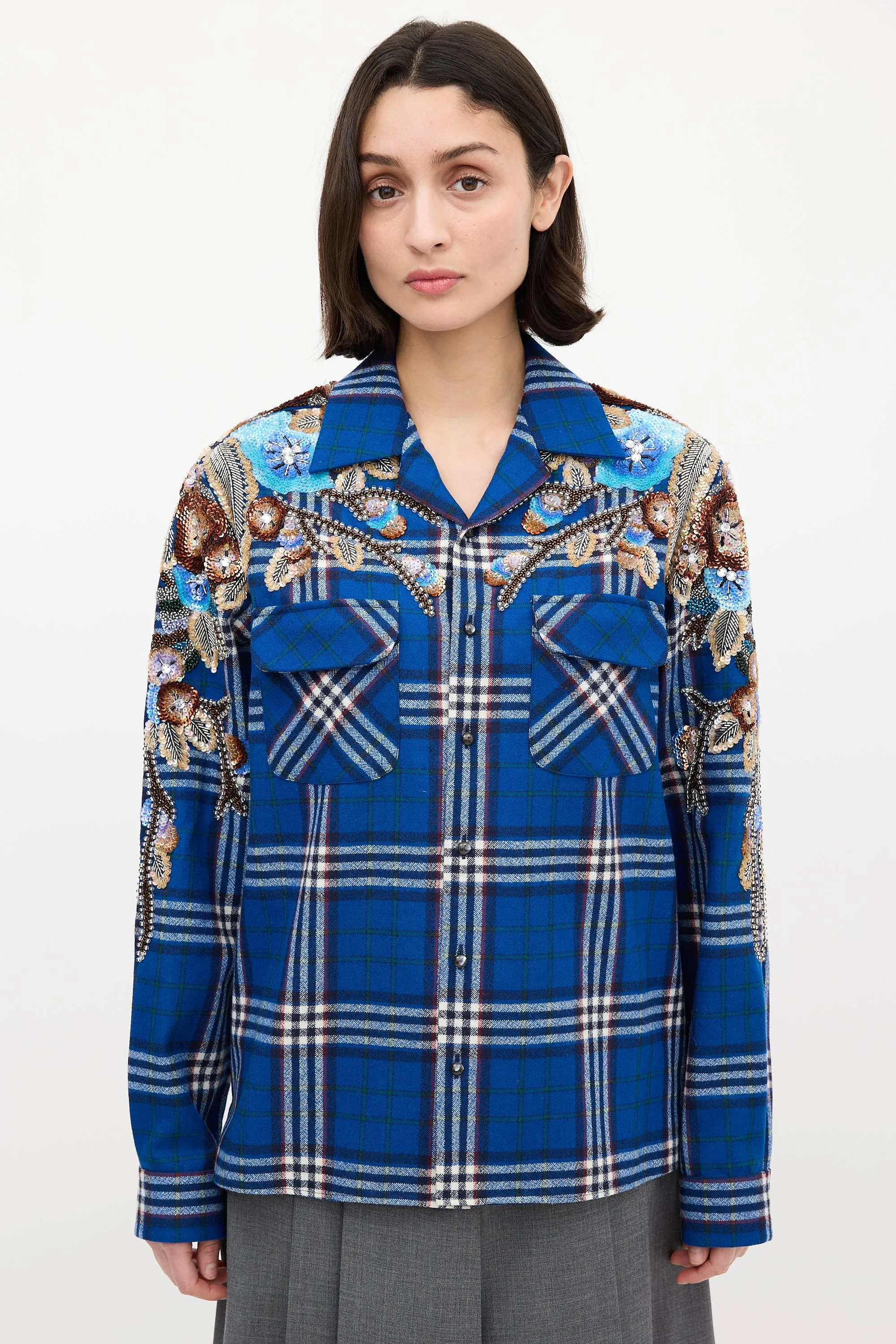 Blue & Multi Wool Check Embellished Shirt