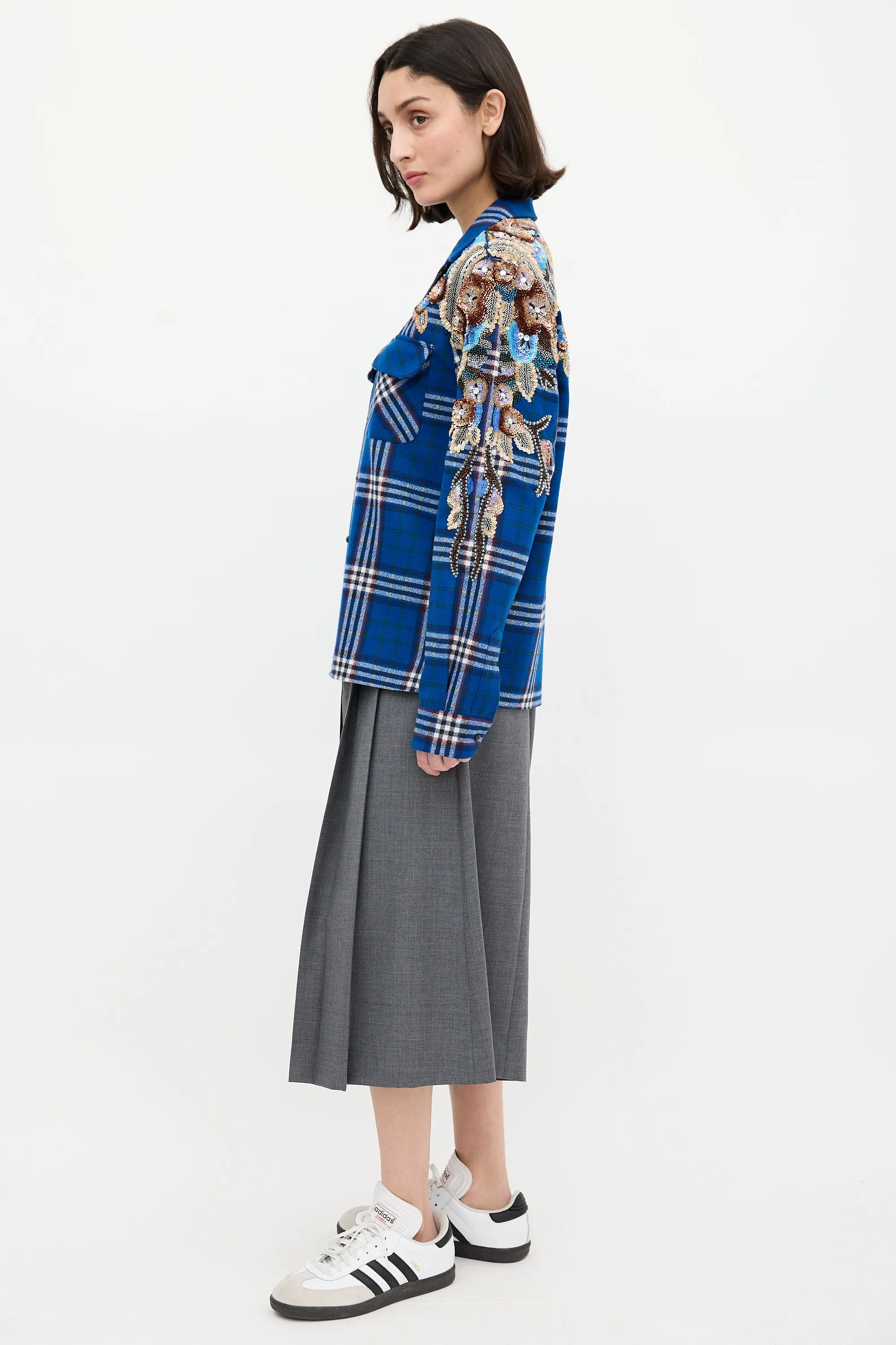 Blue & Multi Wool Check Embellished Shirt
