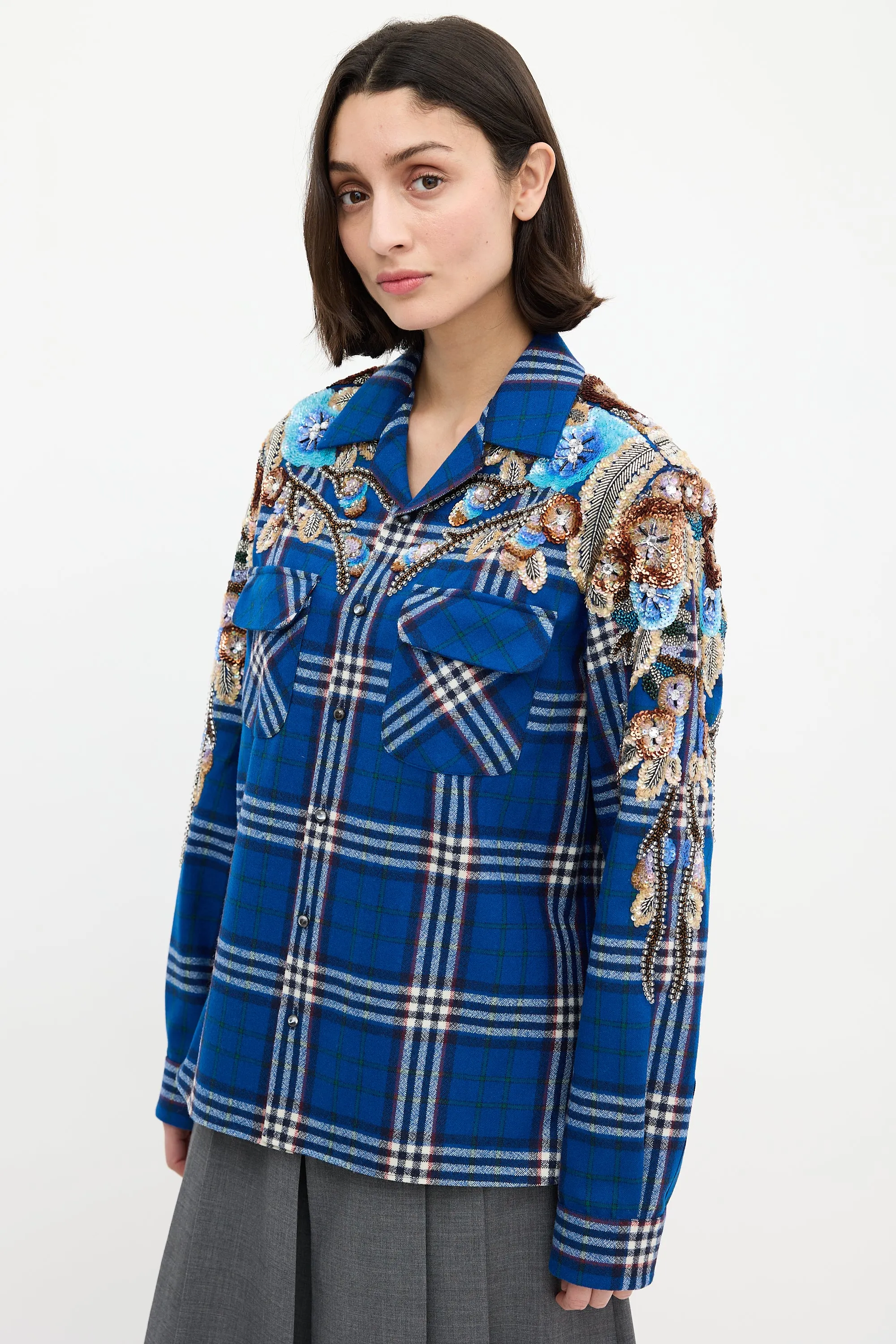 Blue & Multi Wool Check Embellished Shirt