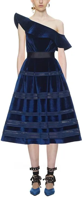 Blue Off-Shoulder Velvet Midi Dress