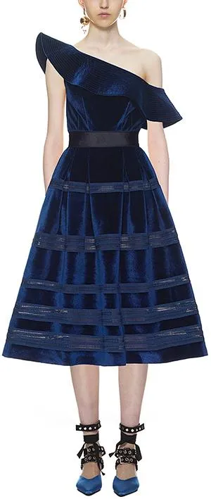 Blue Off-Shoulder Velvet Midi Dress