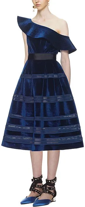 Blue Off-Shoulder Velvet Midi Dress