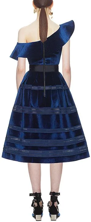Blue Off-Shoulder Velvet Midi Dress