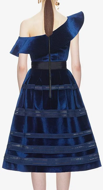 Blue Off-Shoulder Velvet Midi Dress