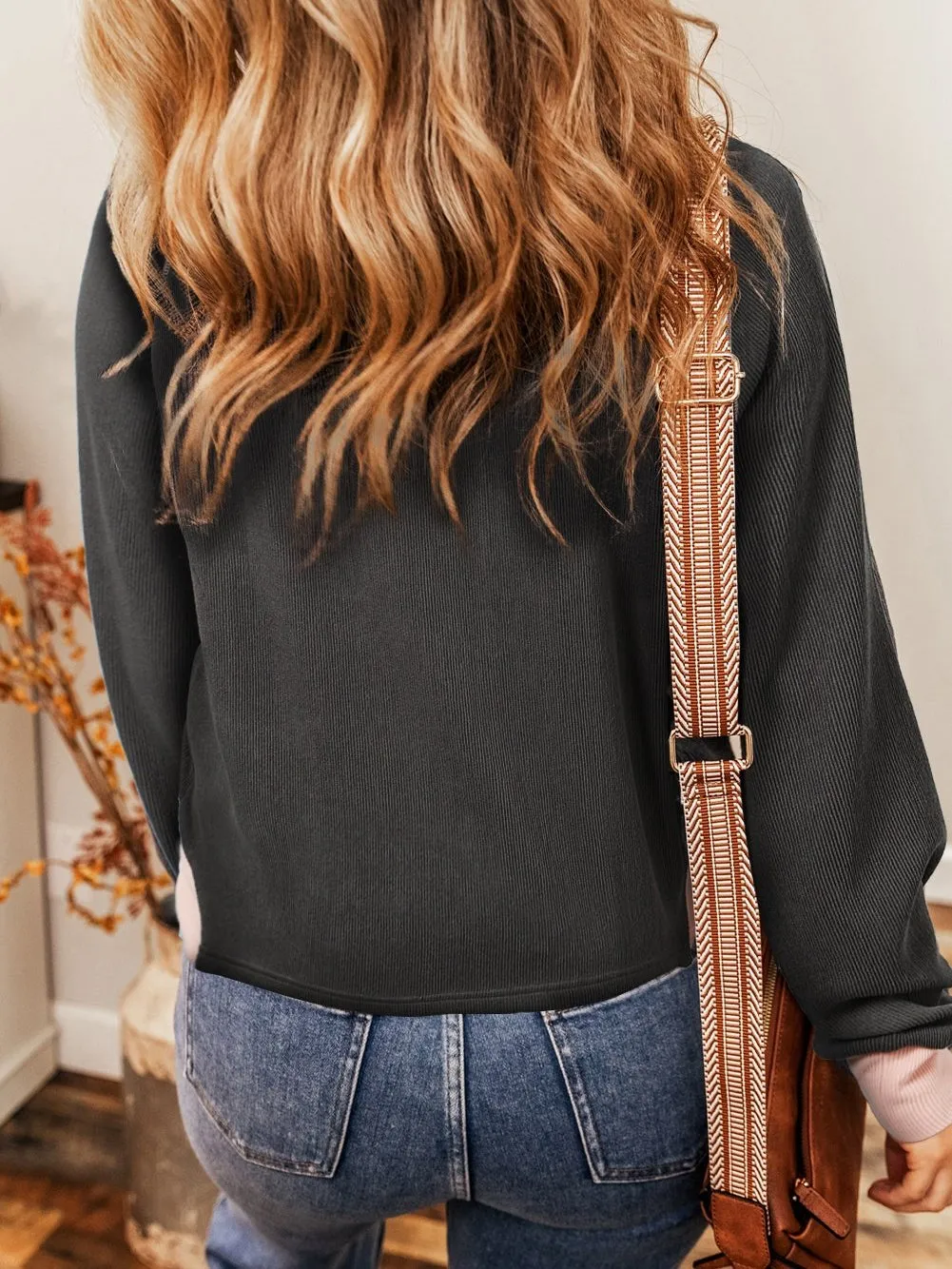 Carbon Grey Ribbed Henley Top with Button Details