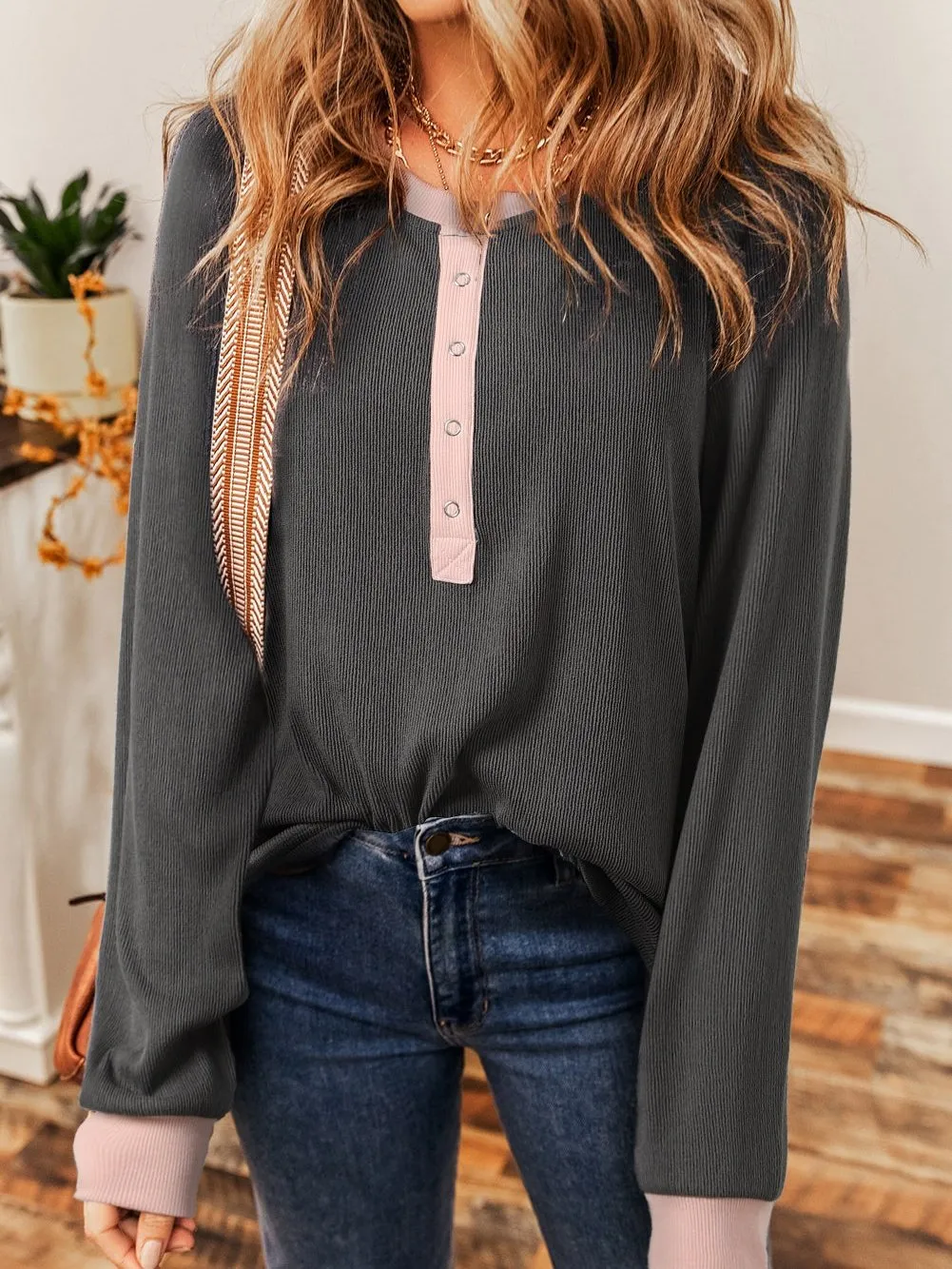 Carbon Grey Ribbed Henley Top with Button Details