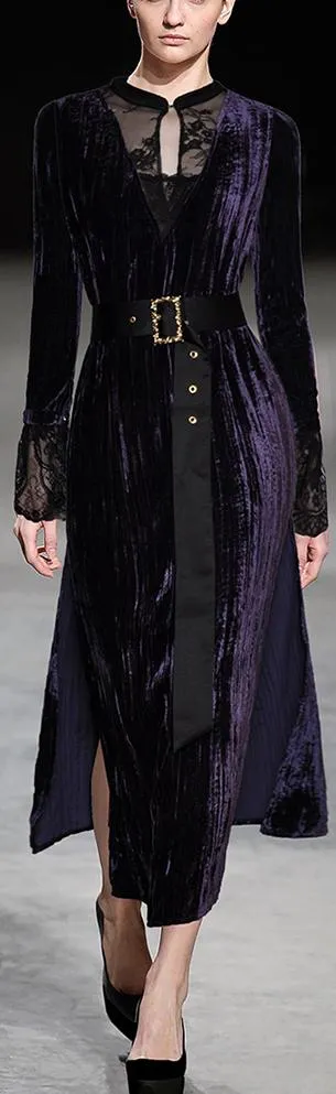 Crushed Velvet Lace-Detail Crimped Belted Dress