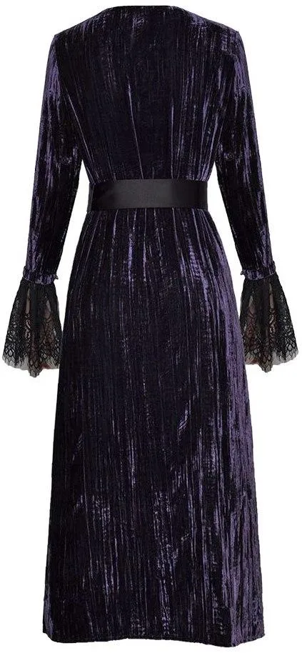 Crushed Velvet Lace-Detail Crimped Belted Dress