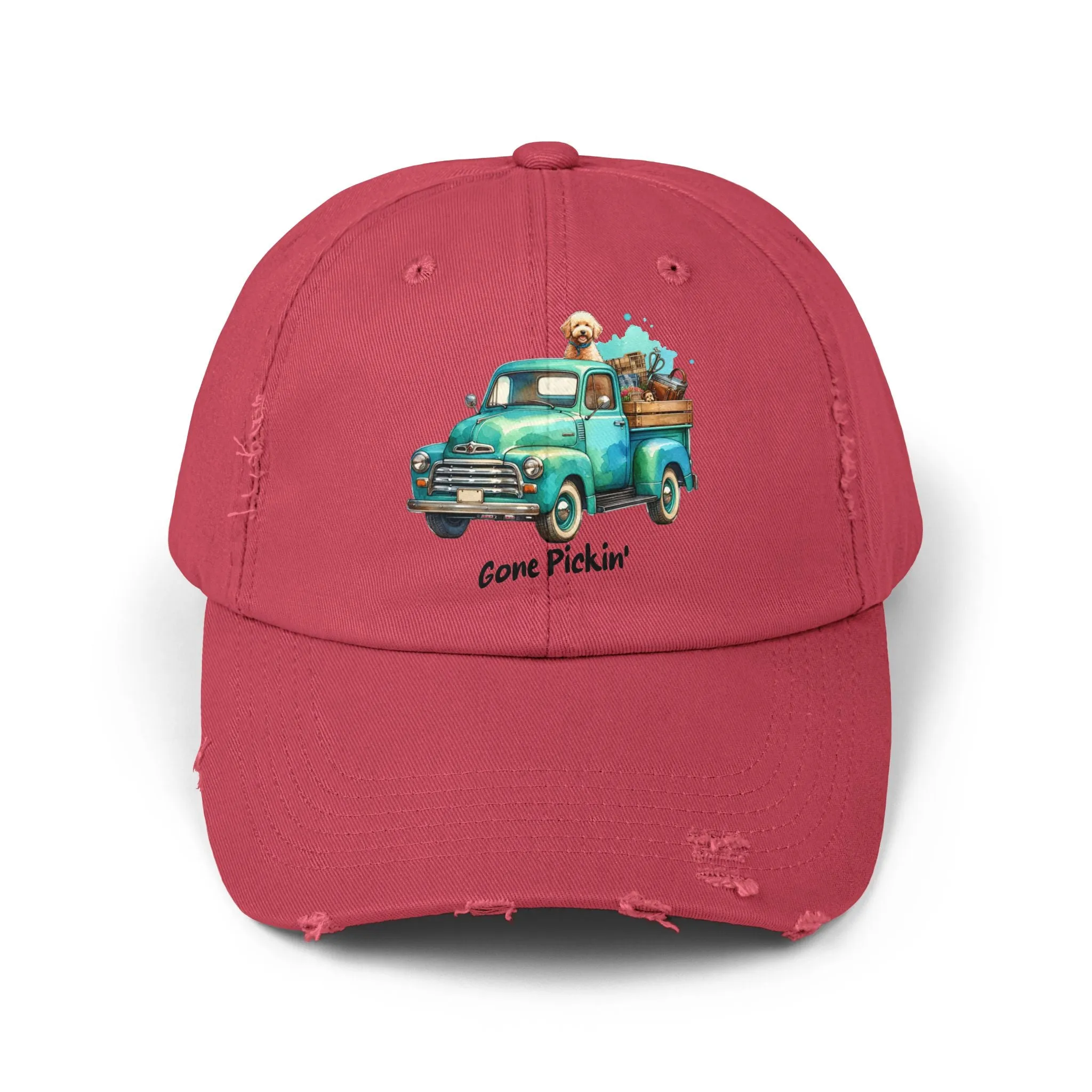 Distressed Unisex Cap - Cute Golden Doodle Gone Pickin'