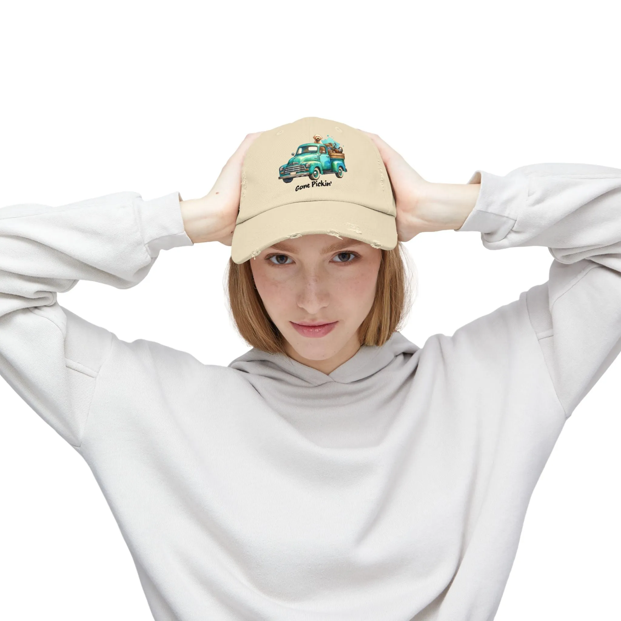 Distressed Unisex Cap - Cute Golden Doodle Gone Pickin'