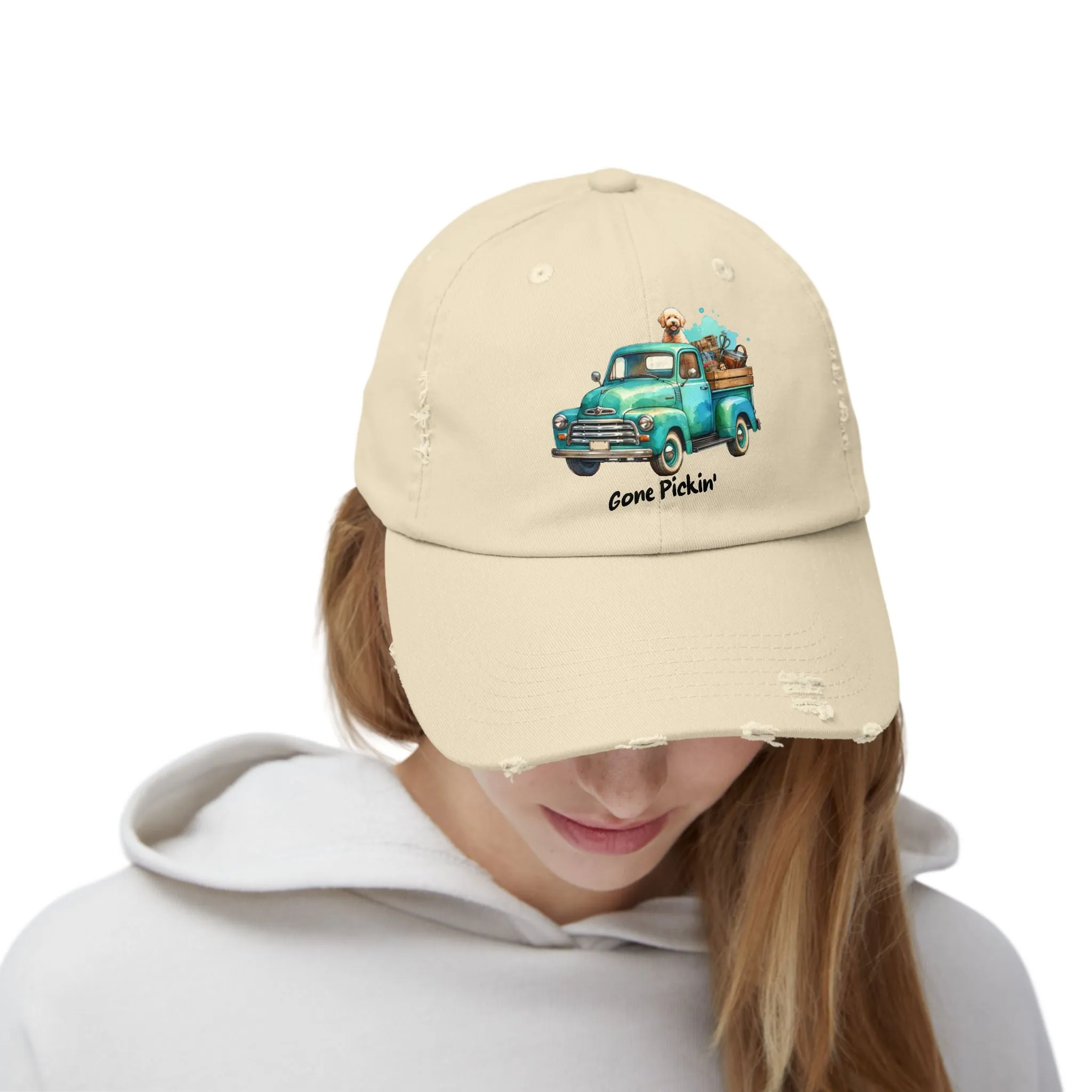 Distressed Unisex Cap - Cute Golden Doodle Gone Pickin'
