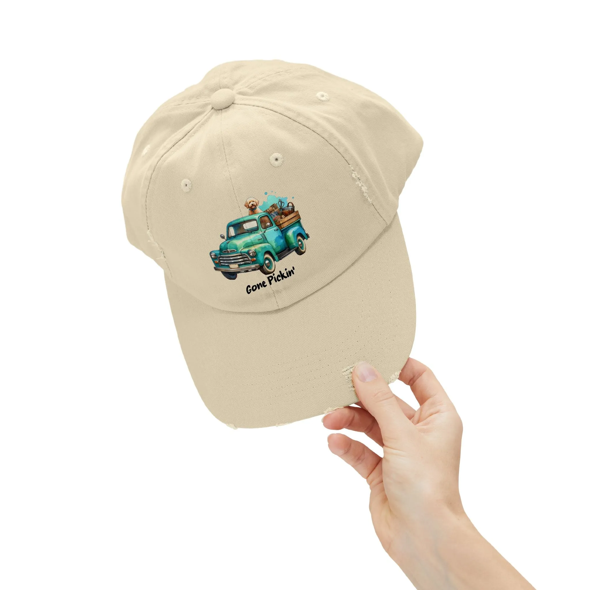 Distressed Unisex Cap - Cute Golden Doodle Gone Pickin'