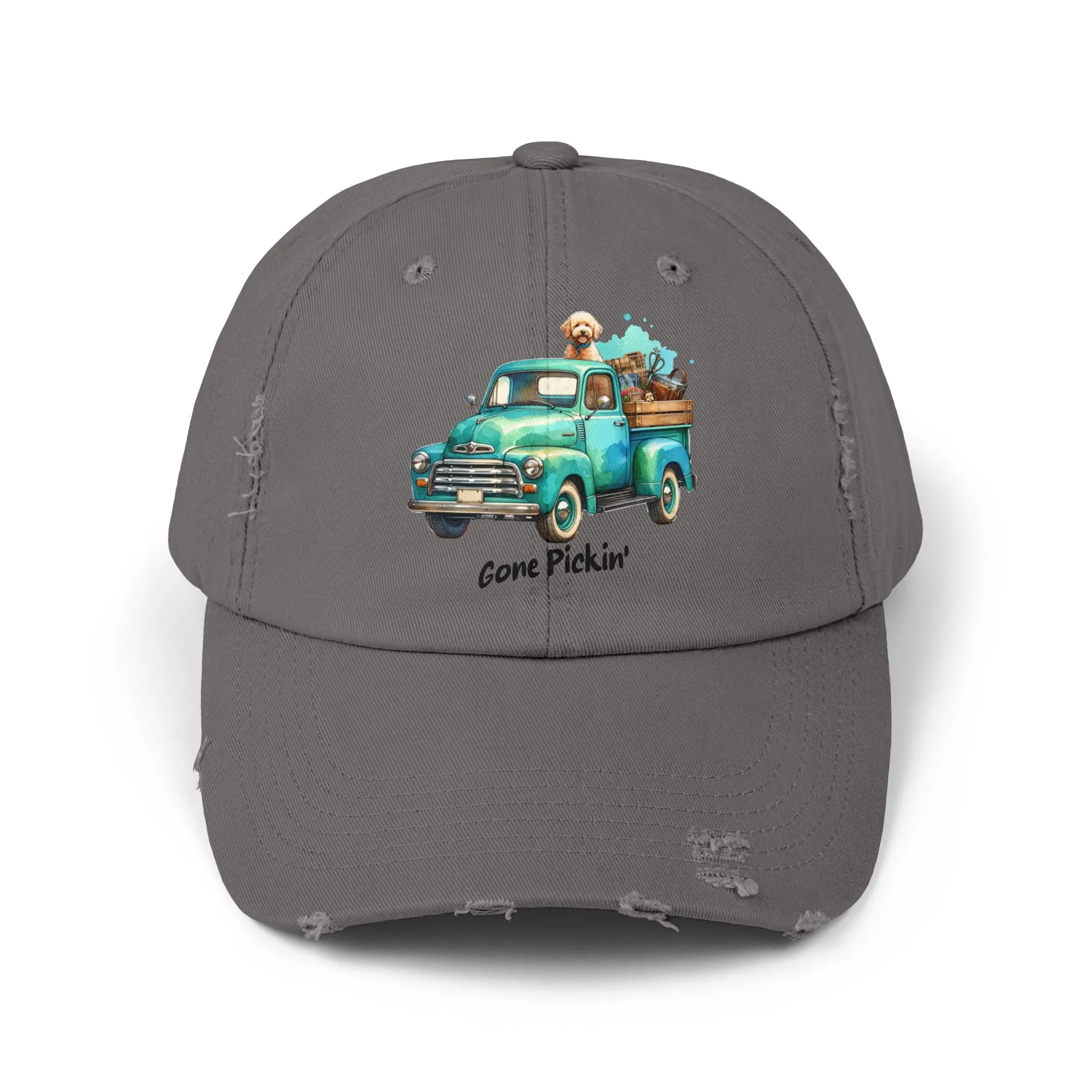 Distressed Unisex Cap - Cute Golden Doodle Gone Pickin'