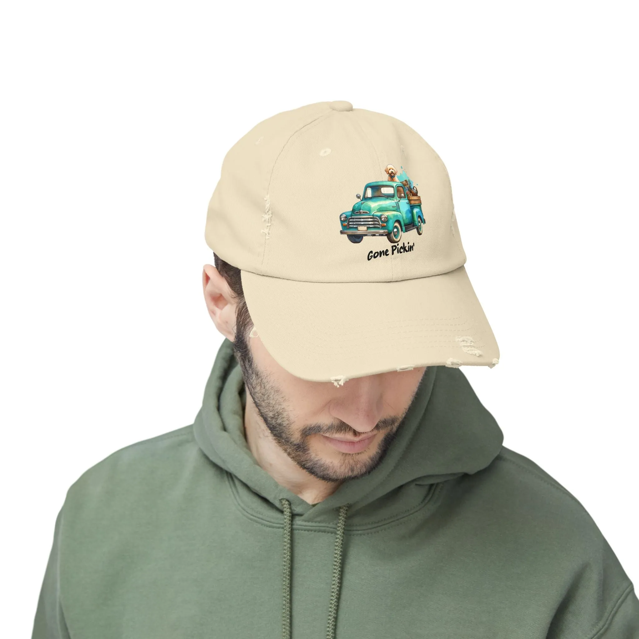 Distressed Unisex Cap - Cute Golden Doodle Gone Pickin'