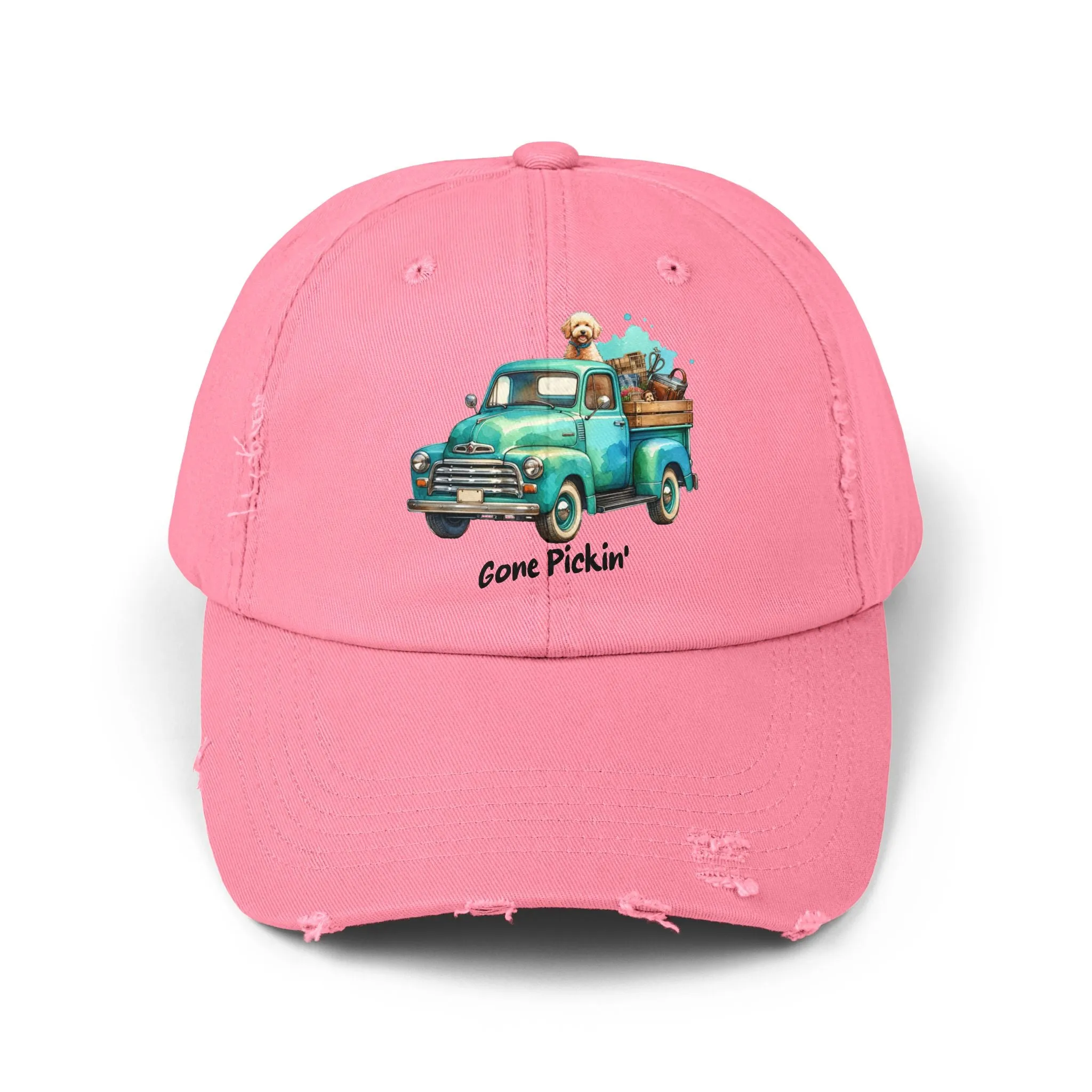 Distressed Unisex Cap - Cute Golden Doodle Gone Pickin'