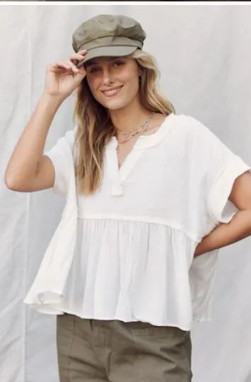 Duo Fabric Raw Edge Ruffle Hem Tunic Blouse Top