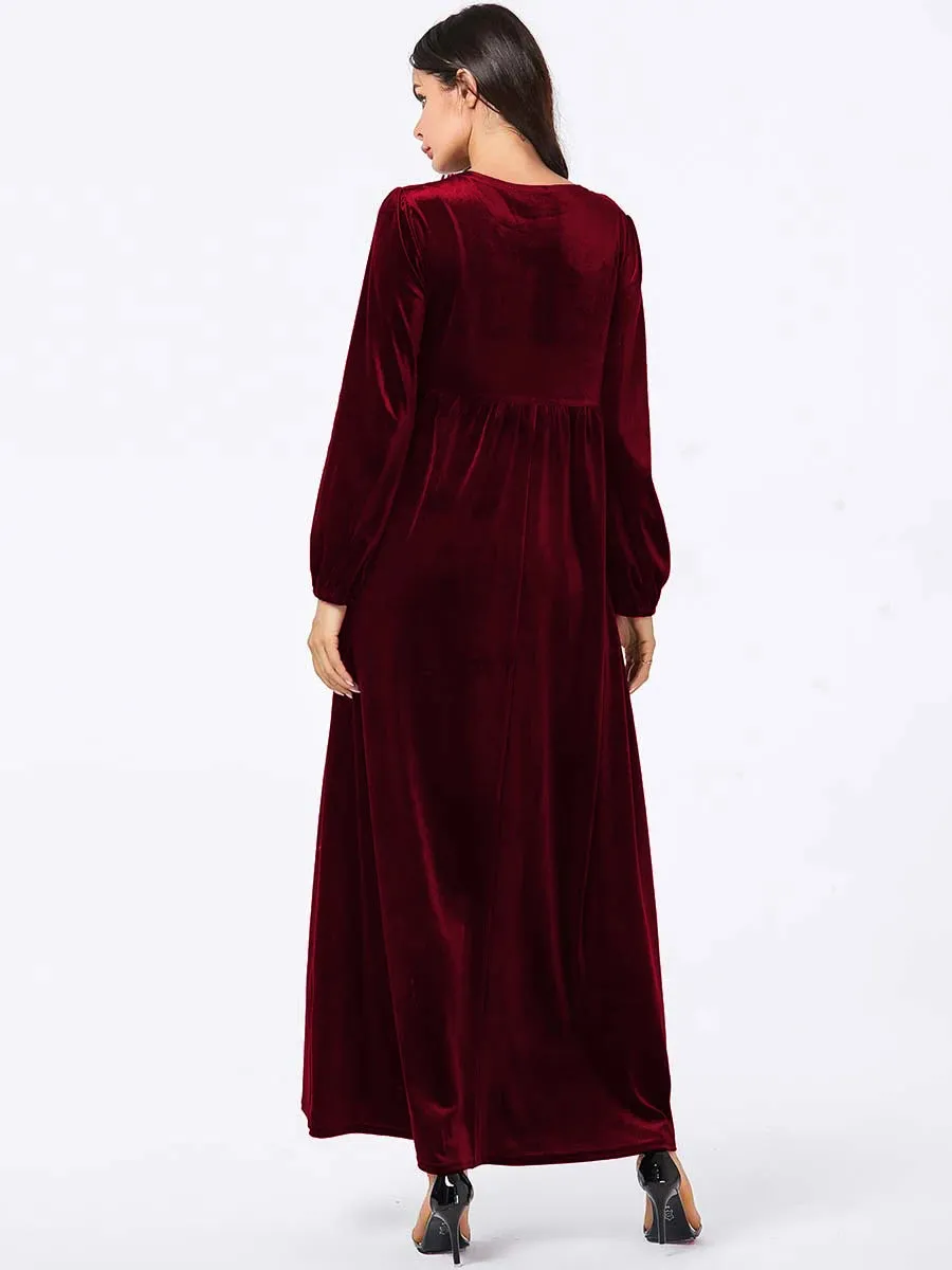 Elegant Plus Size Empire Waist Velvet Long Sleeve Maxi Dress