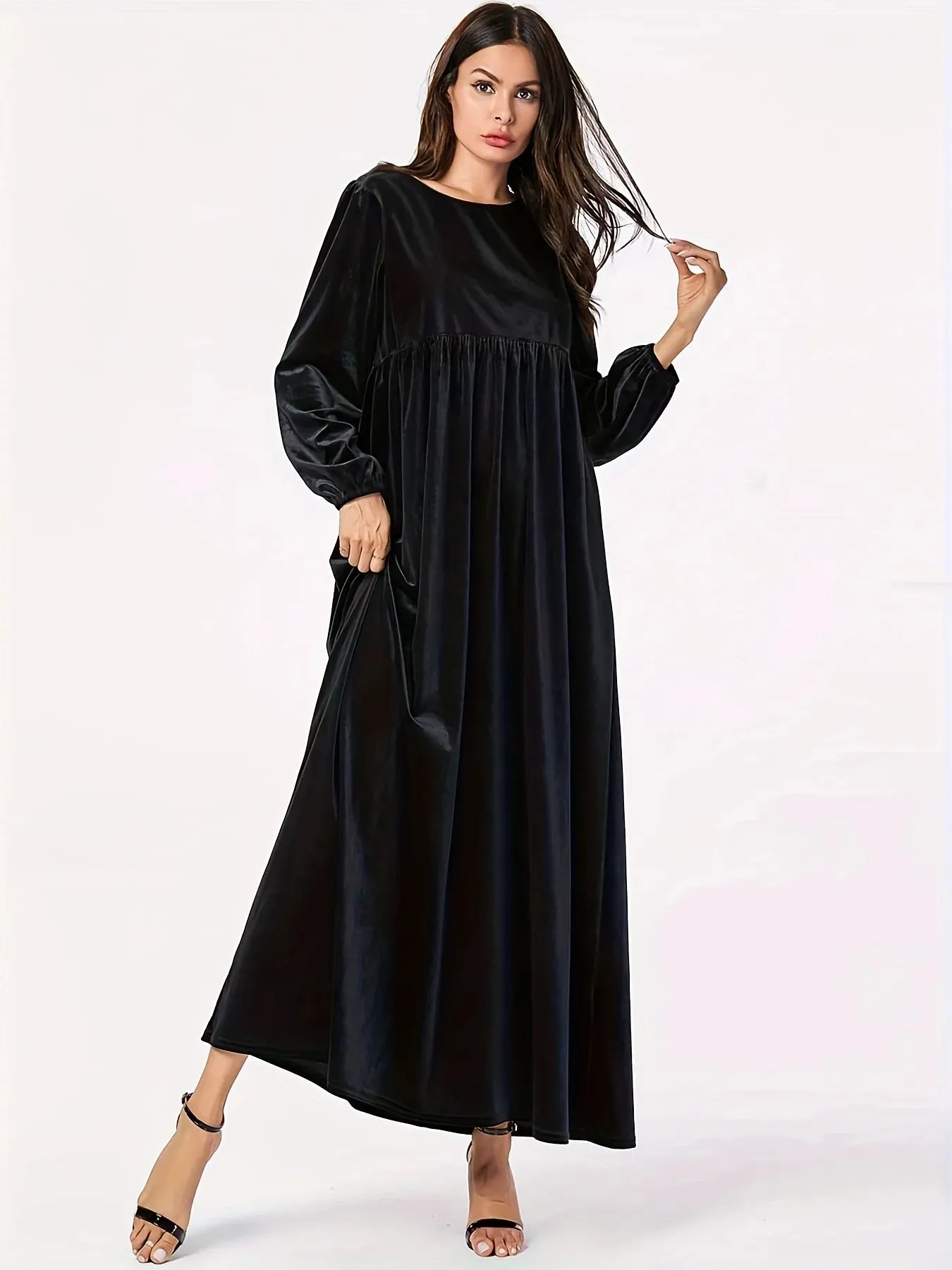 Elegant Plus Size Empire Waist Velvet Long Sleeve Maxi Dress