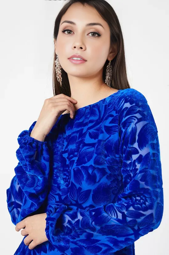 Floral Velvet High Low Long Sleeves Midi Dress Winter Wedding Guest Dresses