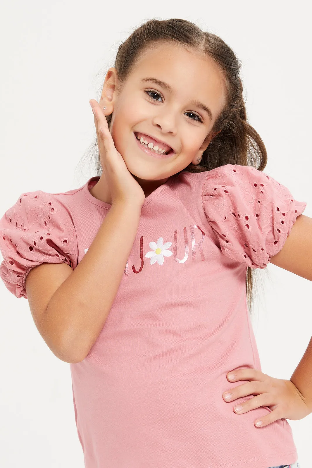Girls Pink Embellished Schiffli Frills Short Sleeves