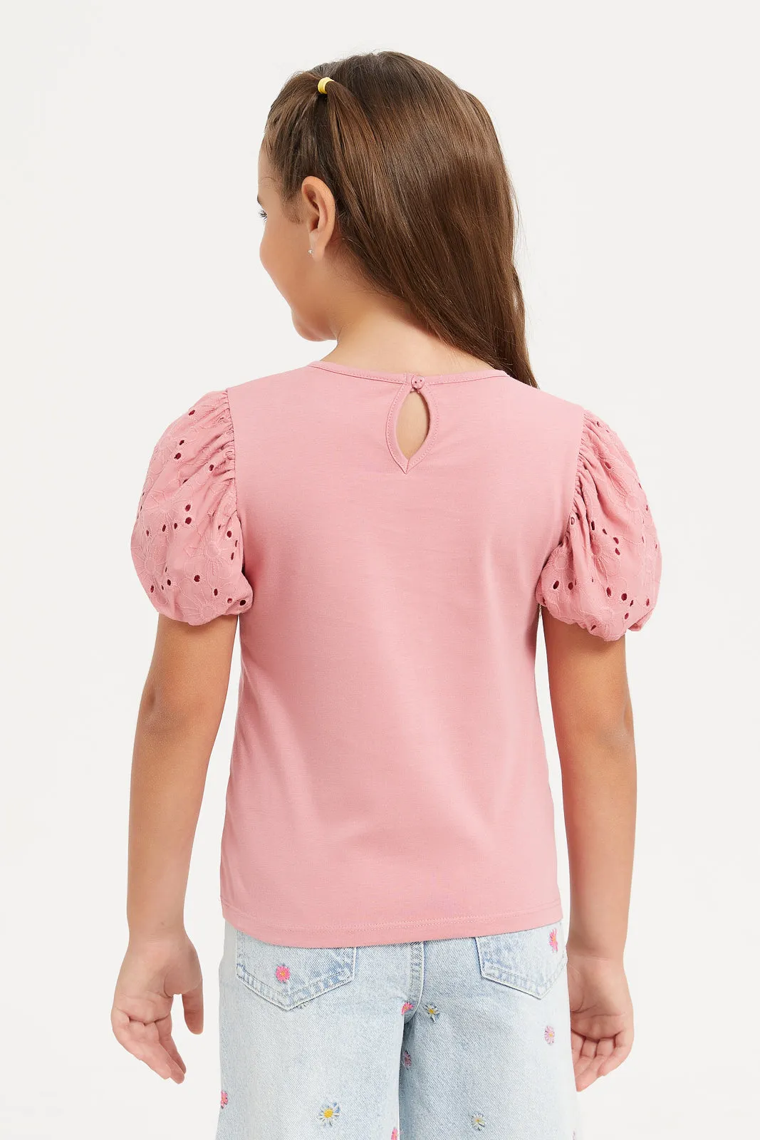 Girls Pink Embellished Schiffli Frills Short Sleeves