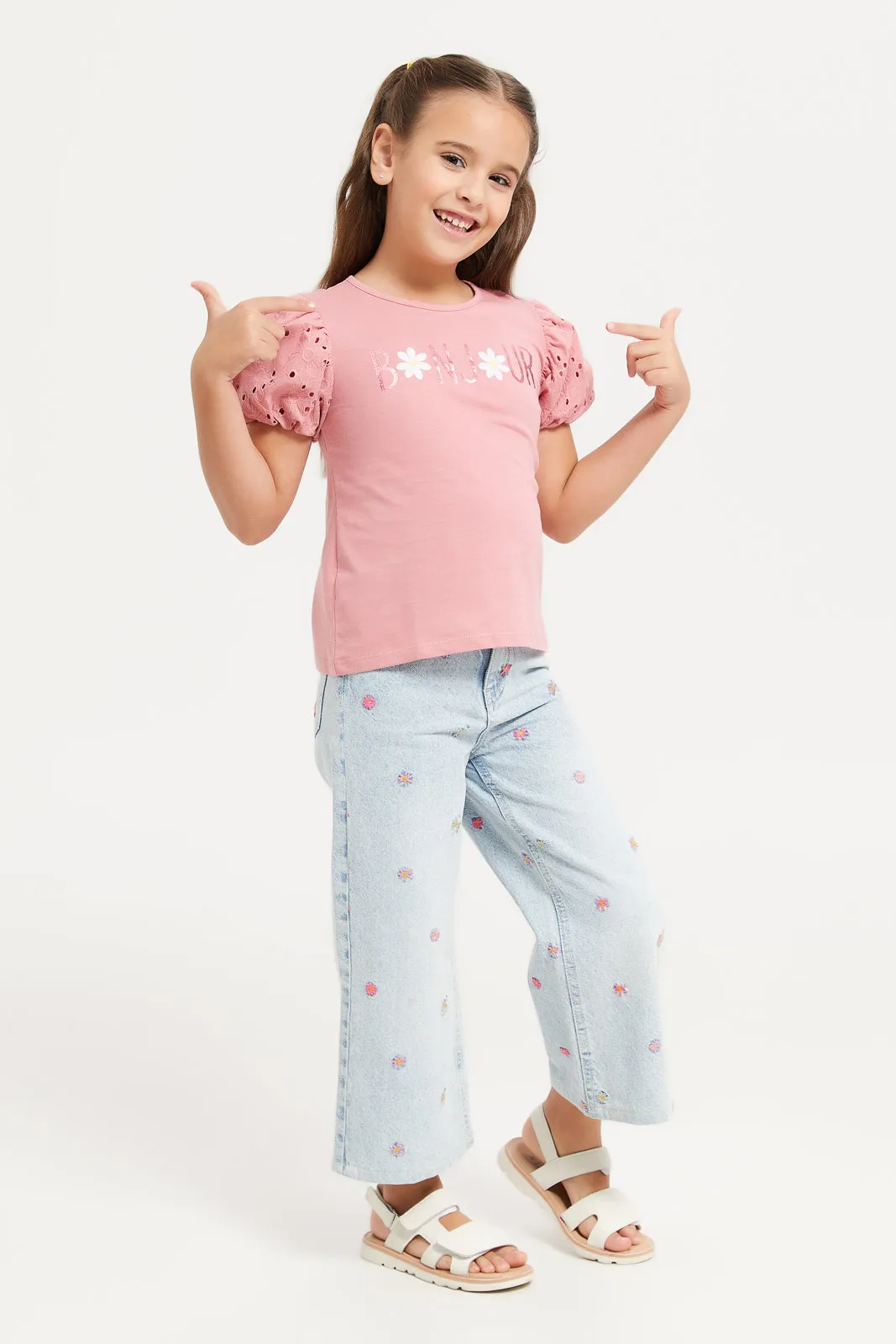 Girls Pink Embellished Schiffli Frills Short Sleeves