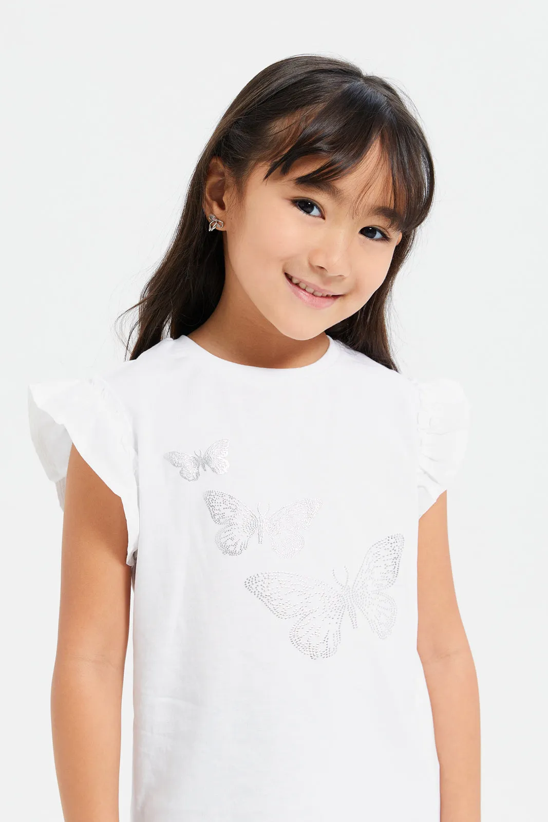 Girls White Butterfly Embellished T-Shirt