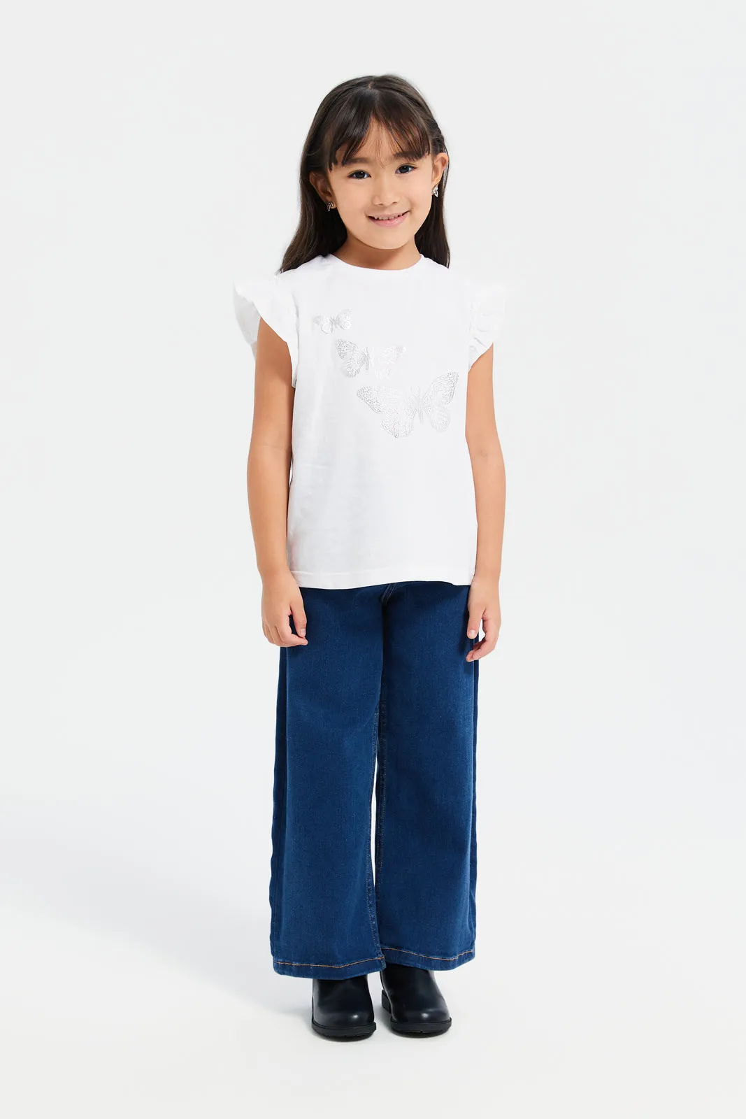 Girls White Butterfly Embellished T-Shirt