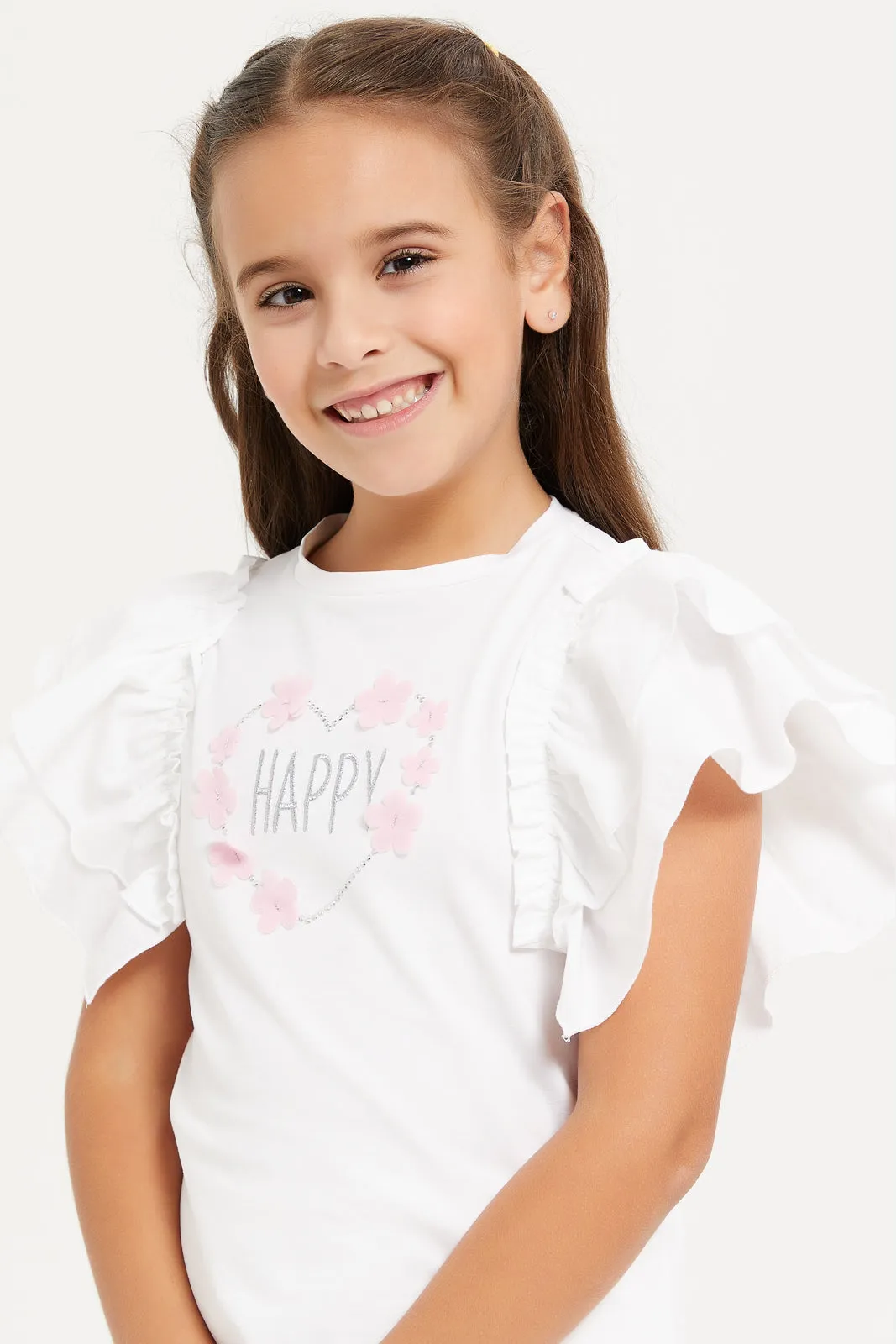 Girls White Embellished Frilld Short Sleeve Top