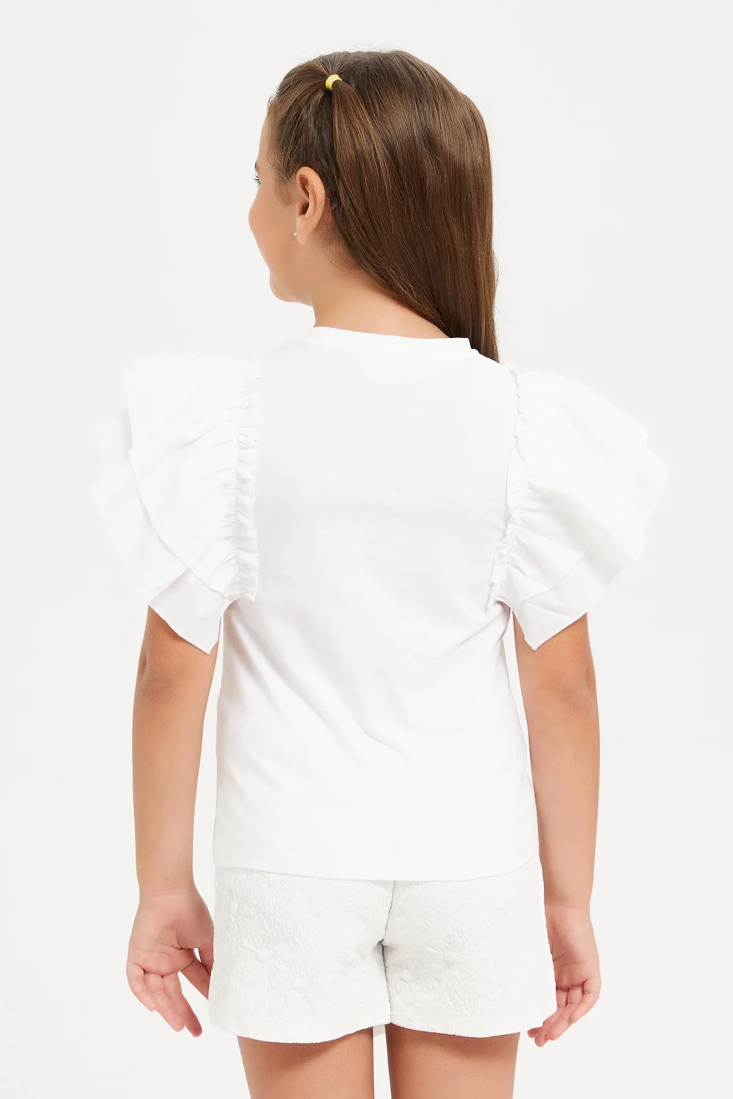 Girls White Embellished Frilld Short Sleeve Top