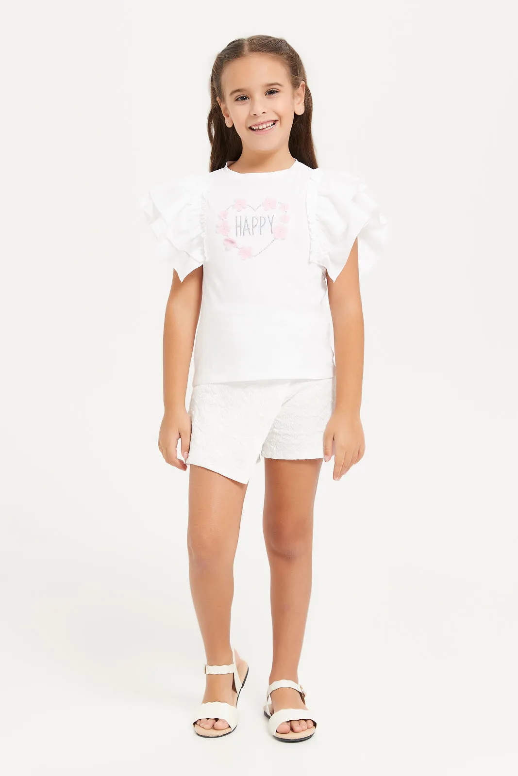 Girls White Embellished Frilld Short Sleeve Top