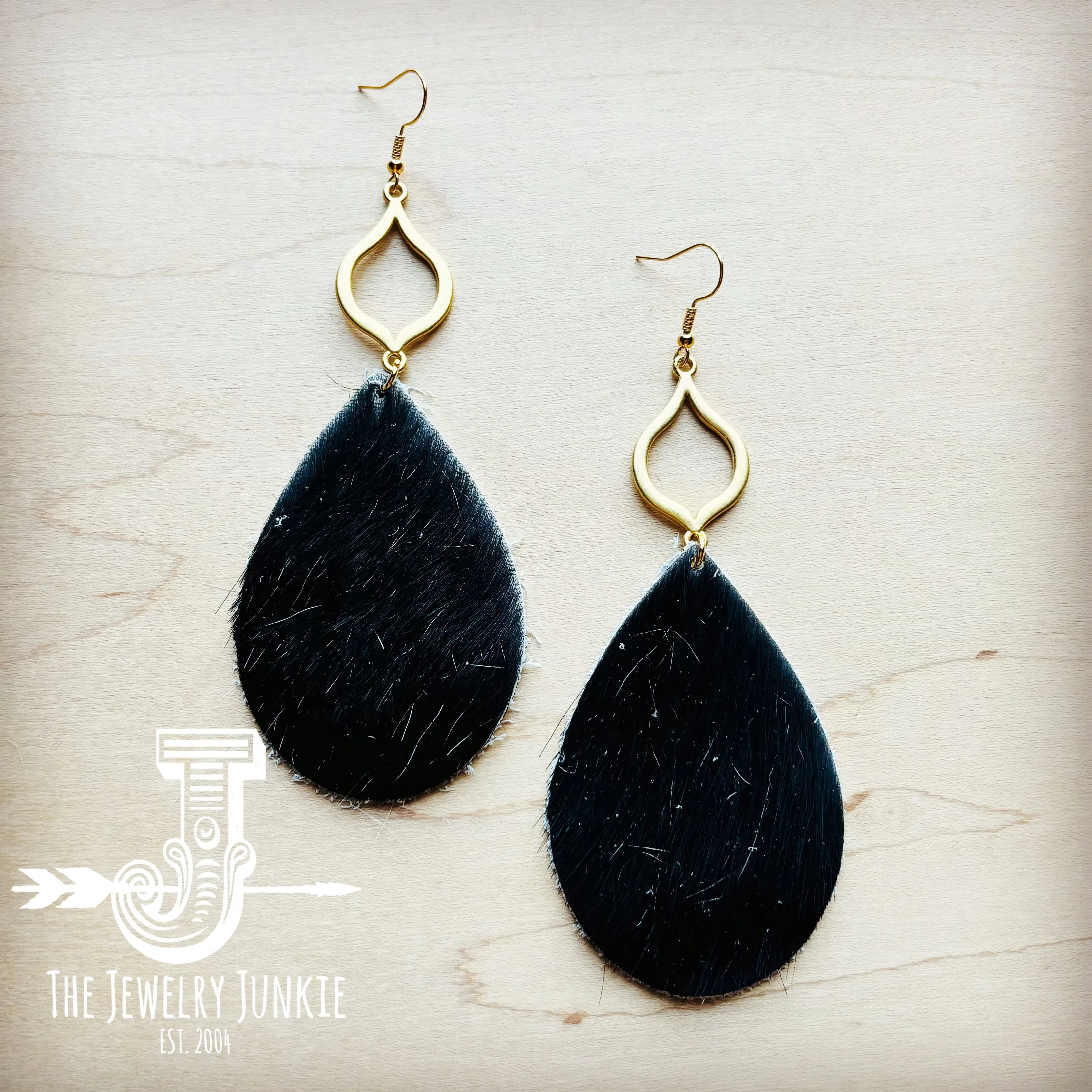 **Hair Hide Leather Teardrop Earrings Black w/ Matte Gold Dangle 219u