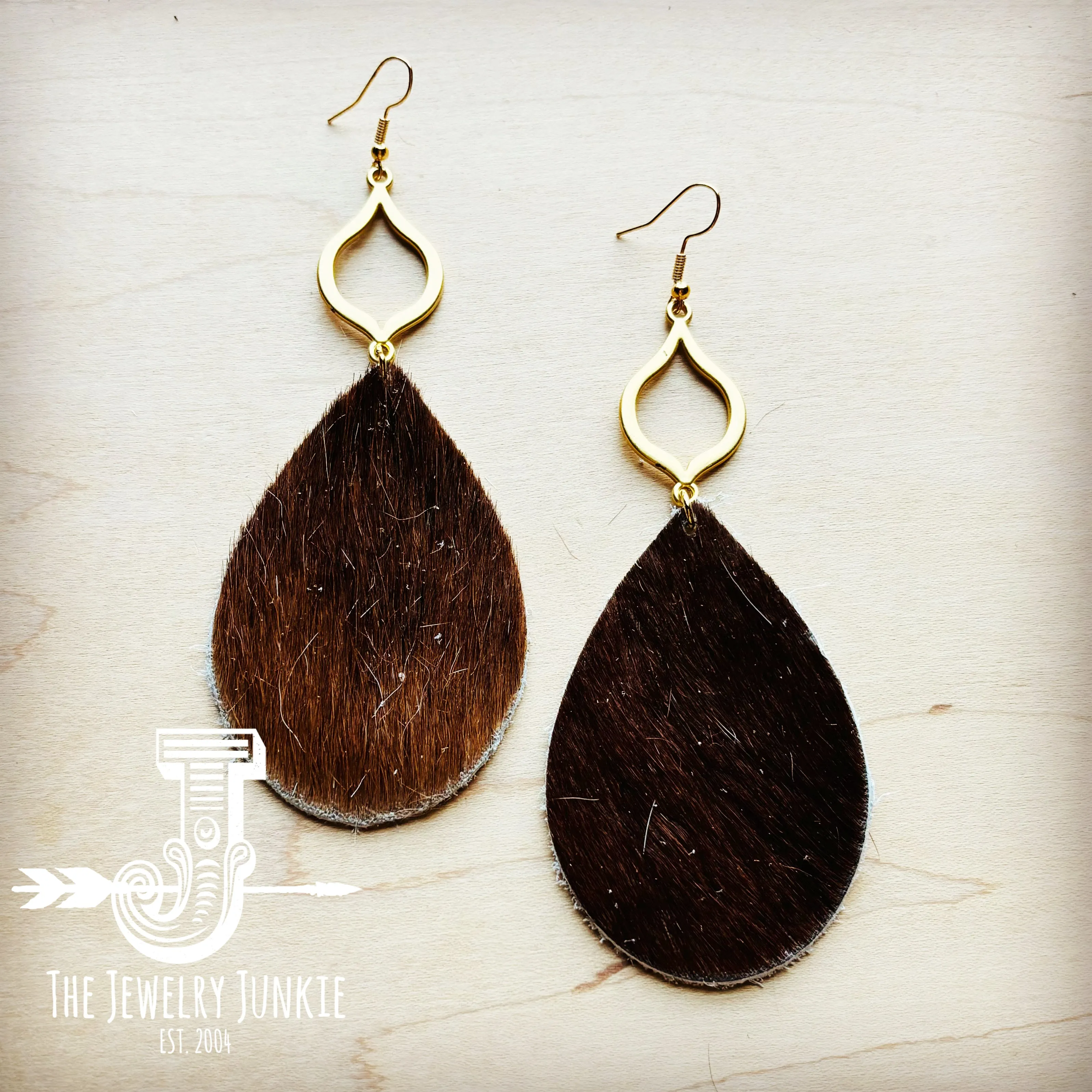 **Hair Hide Leather Teardrop Earrings Brown w/ Matte Gold Dangle 219t