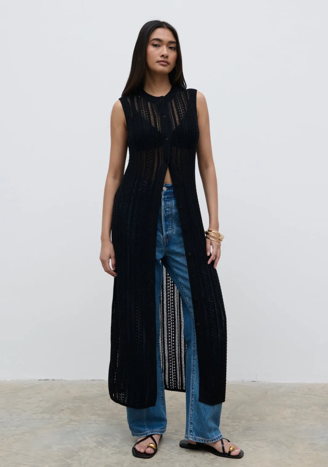 Helen Longline Open Knit Cardigan - Black