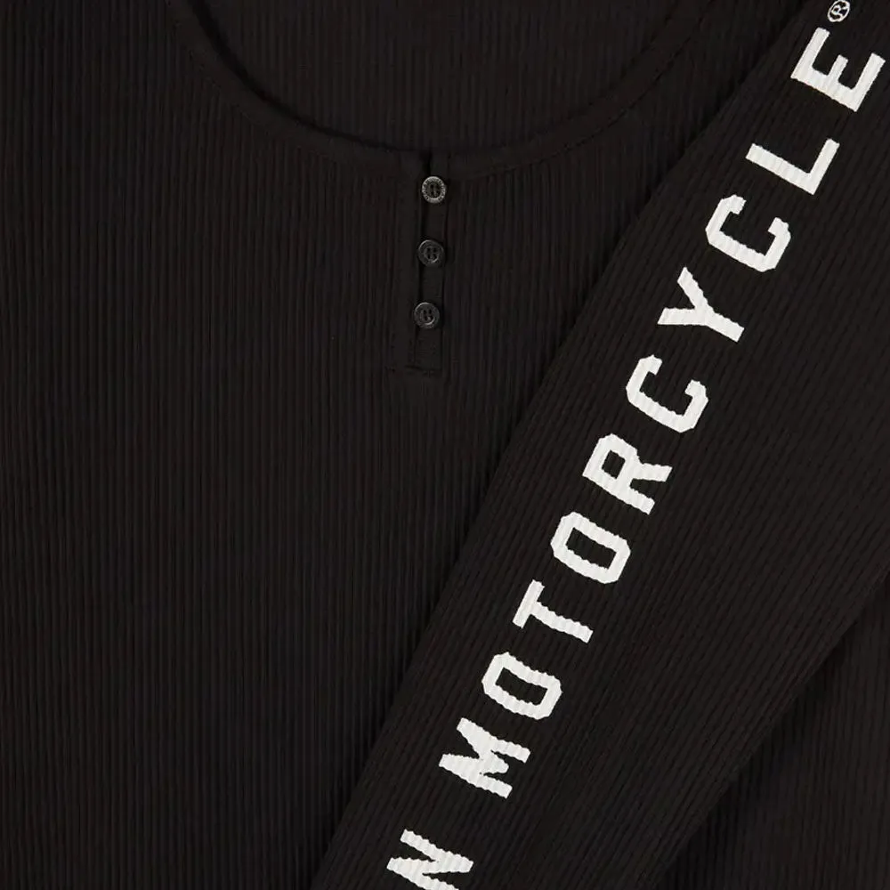 Indian Motorcycle  Womens Sleeve Print Henley Long Sleeve Tee Comfortable Black