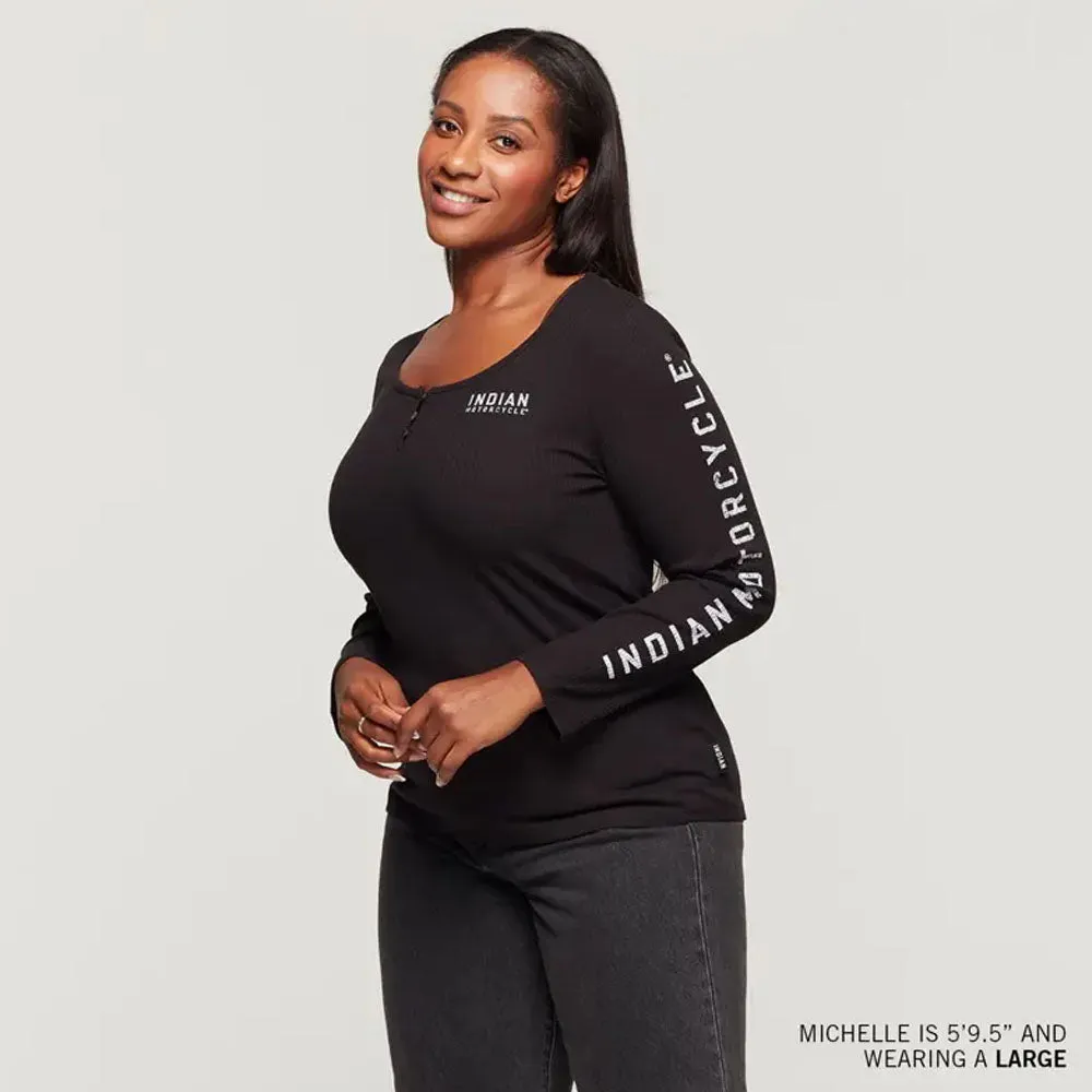 Indian Motorcycle  Womens Sleeve Print Henley Long Sleeve Tee Comfortable Black