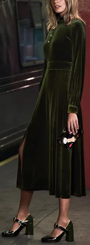 Long-Sleeve Velvet Midi Dress with Pearl Buttons