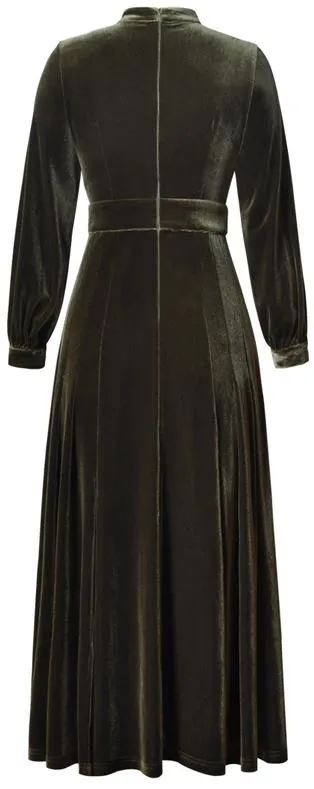 Long-Sleeve Velvet Midi Dress with Pearl Buttons
