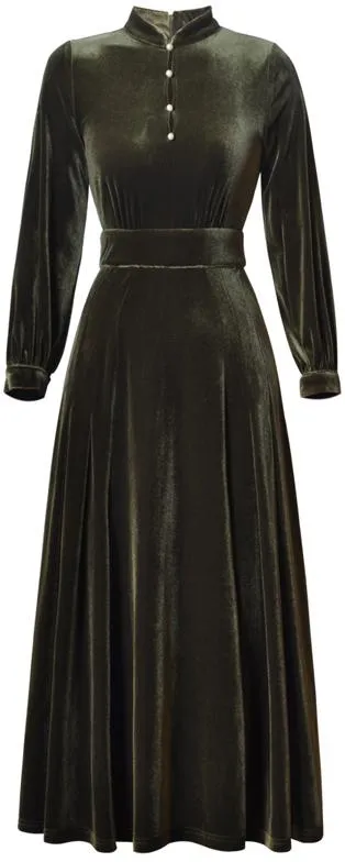 Long-Sleeve Velvet Midi Dress with Pearl Buttons