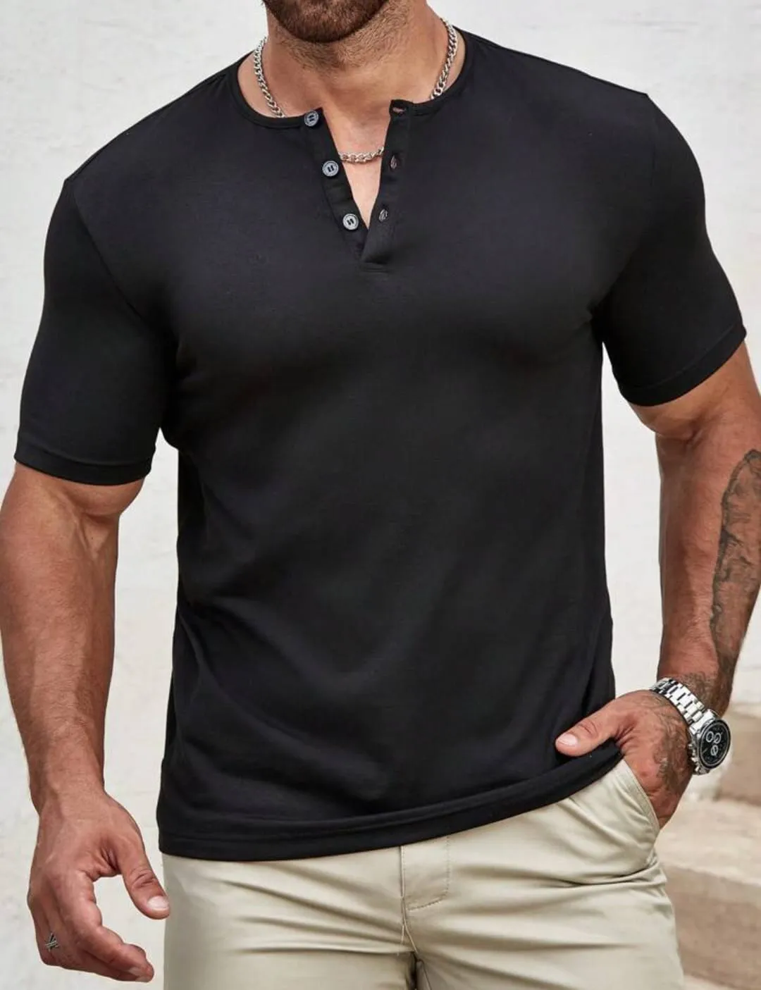 MEN T-SHIRTS FIT SHORT SLEEVE HENLEY TOP